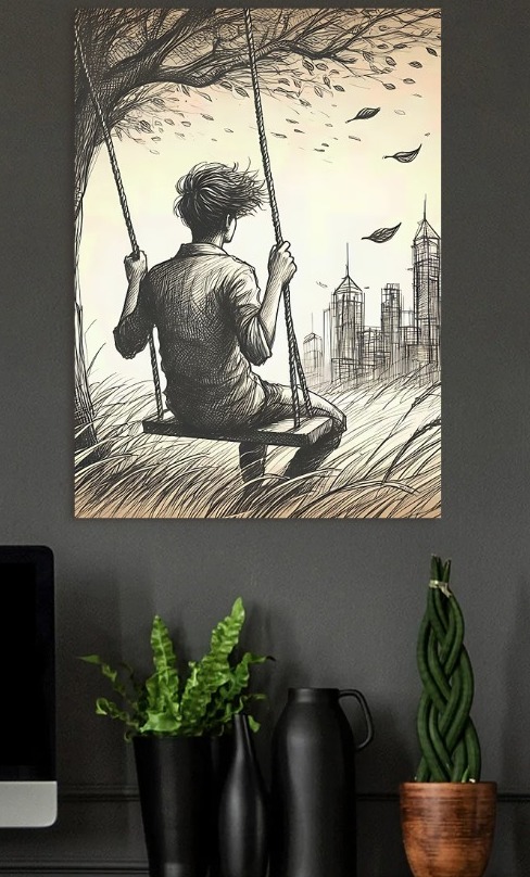 Person on Swing Overlooking City — metal poster wall art by Lineer